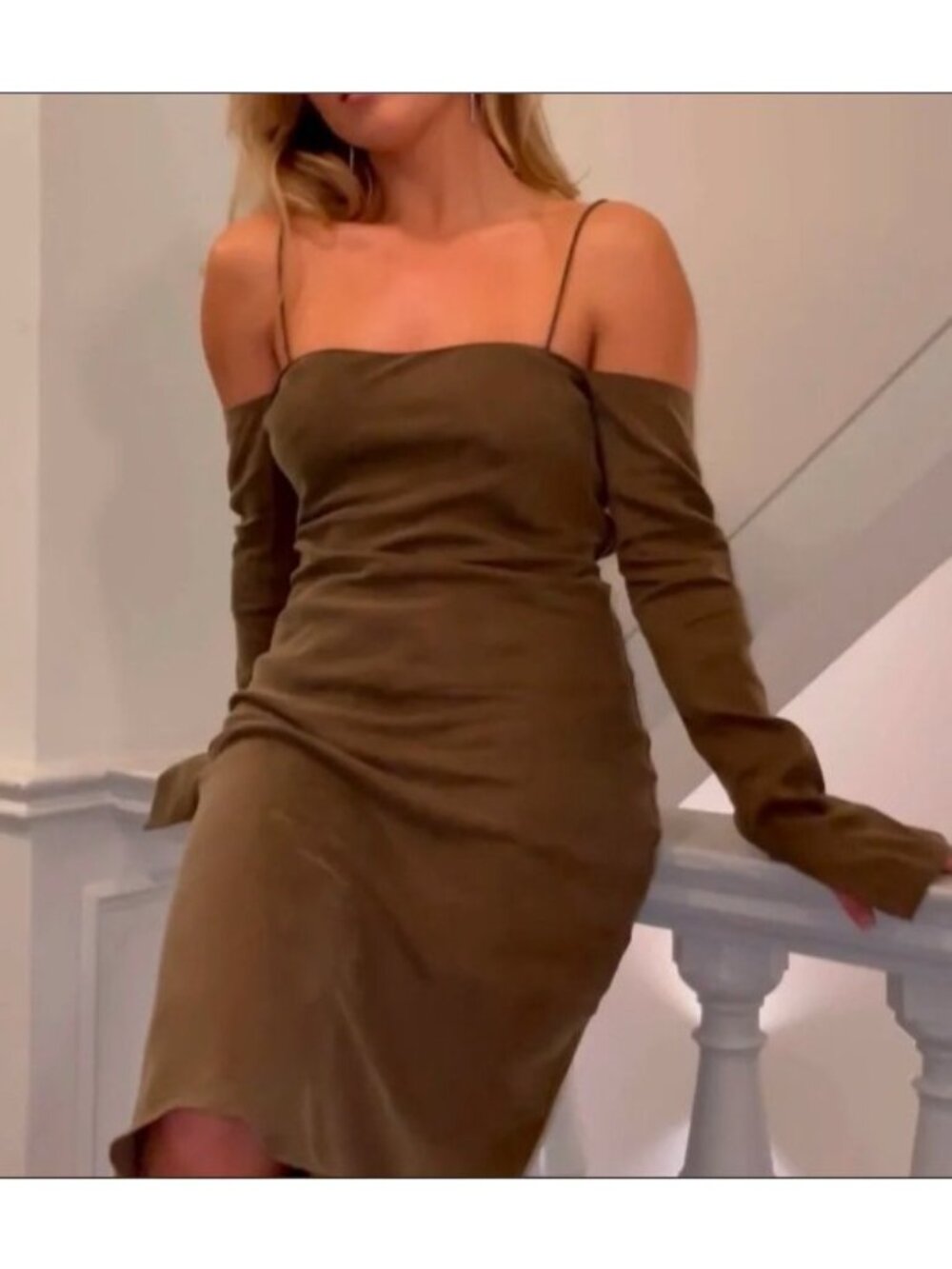 Djerf Avenue Long Sleeve Dream Dress Women's Small Brown Open-Back Tie Detail
